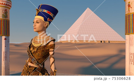 Queen Nefertiti in front of the great pyramid of Giza and a view of the desert in the ancient temple. Historical animation. The Great Pyramids In Giza Valley, Cairo, Egypt. 3d rendering. Queen Nefertiti in front of the great pyramid of Giza and a view of the desert in the ancient temple. Historical animation. The Great Pyramids In Giza Valley, Cairo, Egypt. 3d rendering. 75306628