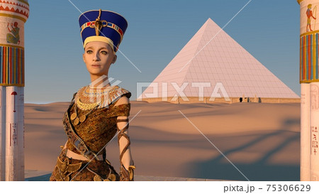 Queen Nefertiti in front of the great pyramid of Giza and a view of the desert in the ancient temple. Historical animation. The Great Pyramids In Giza Valley, Cairo, Egypt. 3d rendering. Queen Nefertiti in front of the great pyramid of Giza and a view of the desert in the ancient temple. Historical animation. The Great Pyramids In Giza Valley, Cairo, Egypt. 3d rendering. 75306629