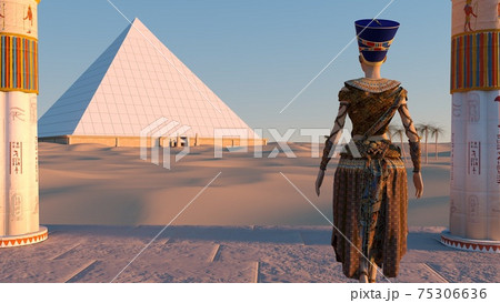 Queen Nefertiti admires the pyramids and desert views from the ancient temple. Historical animation. The Great Pyramids In Giza Valley, Cairo, Egypt. 3d rendering. 75306636