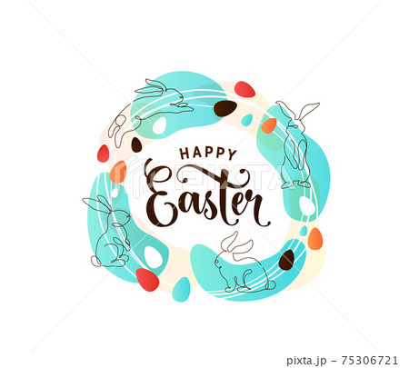 Happy easter greeting vector illustration in minimal line style with outline bunnies, eggs, color spots and celebration text at the center. Spring design in circle, round shape 75306721