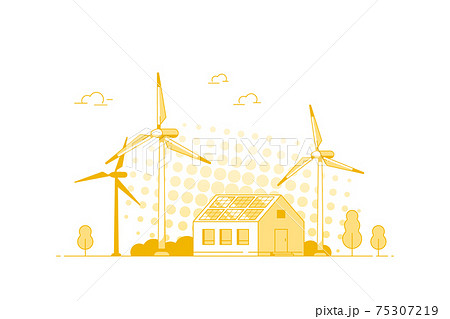 Modern House with Solar Panels and wind Turbines. Modern House with Solar Panels and wind Turbines. 75307219