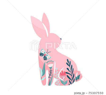 Easter bunny vector illustration. Pink rabbit with floral, flowers decoration inside hare shape isolated on white background. Cute print design character in flat cartoon scandinavian style 75307550