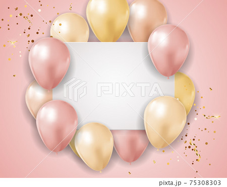 Party Glossy Pink Holiday Background with Balloons and confetti. Vector Illustration 75308303