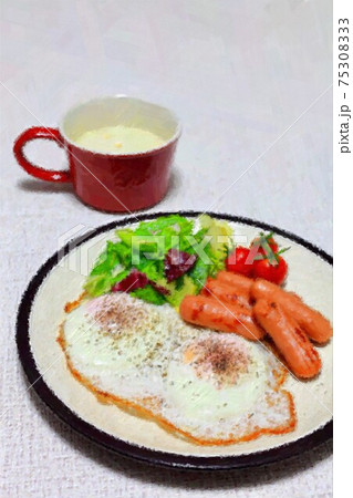 朝食の目玉焼きとウインナーのイラスト素材