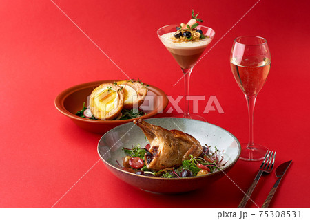 Brunch Dinner menu. Snack - Scottish Eggs, fried quail and Dessert - Trio Muss red background. Brunch Dinner menu. Snack - Scottish Eggs, fried quail and Dessert - Trio Muss red background. 75308531