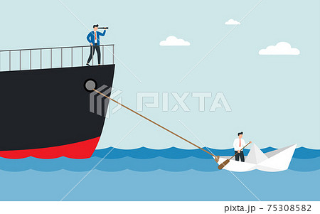 Man in a business suit with a telescope sails on a huge ship. Small paper boat pulling a huge ship. Concept of teamwork and alliance. Man in a business suit with a telescope sails on a huge ship. Small paper boat pulling a huge ship. Concept of teamwork and alliance. 75308582