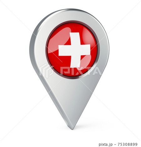 Map pointer with flag of Switzerland, 3D rendering Map pointer with flag of Switzerland, 3D rendering 75308899