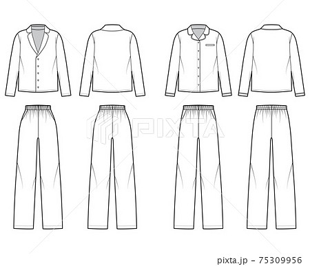 Set of Sleepwear Pajamas shirt, pants technical fashion illustration with full length, normal low waist, oversized Set of Sleepwear Pajamas shirt, pants technical fashion illustration with full length, normal low waist, oversized 75309956