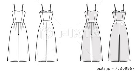 Cami jumpsuits culotte overall technical fashion illustration with ankle length, normal waist, rise, strap, fitted body 75309967