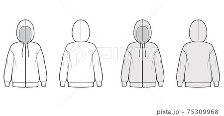 Zip-up Hoody sweatshirt technical fashion illustration with long sleeves, oversized body, drawstring. Flat extra large 75309968