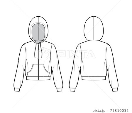 Zip-up Hoody sweatshirt technical fashion illustration with elbow long sleeves, relax body, kangaroo pouch, banded hem 75310052