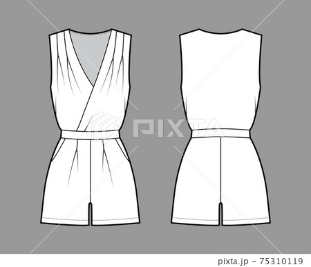 Playsuit romper overall jumpsuit technical fashion illustration with mini length, normal waist, high rise, pockets 75310119