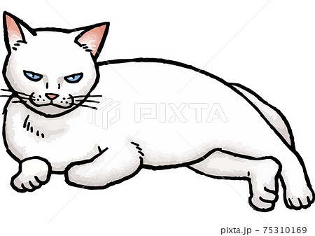 手描きベクター動物イラスト素材 だらっと寝そべっている白猫のイラストのイラスト素材
