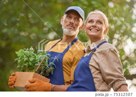 Middle aged caucasian spouses in garden 75312507