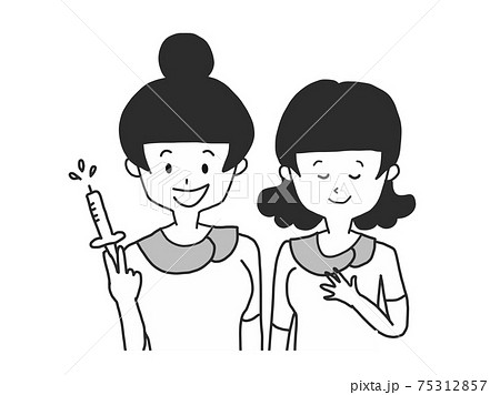 ワクチン予防注射と採血をするモノクロの女性看護師のイラスト素材