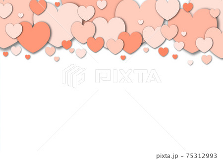 バレンタイン素材 パステル調のオレンジ色のハートが上の方に集まっているフレーム 横 背景白 他色有り 75312993