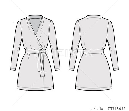 Wrap dress technical fashion illustration with deep V-neck, long sleeves, oversized, mini length, pencil cut, tie 75313035