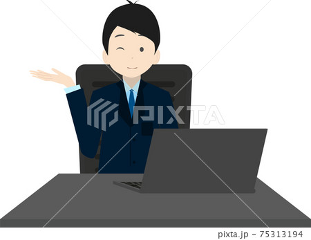 オフィスワークしながら案内するビジネスマンのイラスト素材