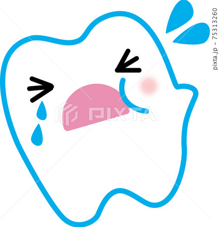 虫歯が痛くてほっぺが腫れて大泣きしているかわいい歯のキャラクターのイラスト素材