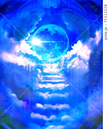 天界へ続く雲の階段と青空に光り輝く太陽光と惑星 75313328