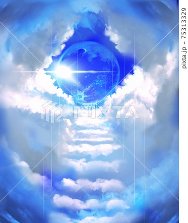 天界へ続く雲の階段と青空に光り輝く太陽光と惑星のイラスト素材