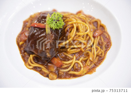 spaghetti bolognese sauce with pork ribs roast on white plate, Traditional italian spaghetti spaghetti bolognese sauce with pork ribs roast on white plate, Traditional italian spaghetti 75313711