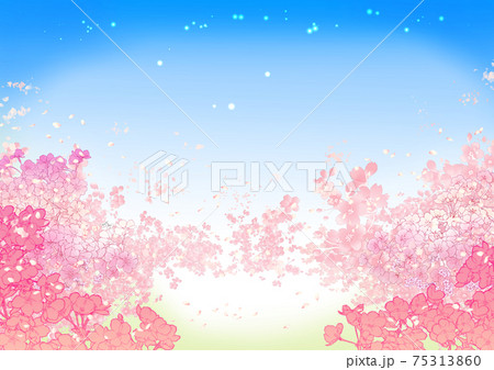 満開桜と花びらのフレーム 晴れ 青空 背景イラストのイラスト素材
