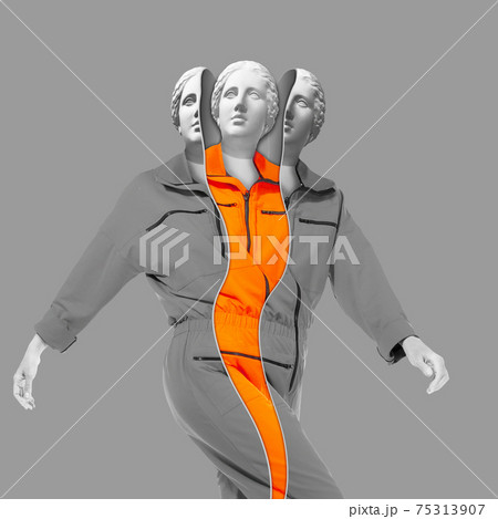 Collage with plaster antique sculpture of human face in a pop art style. Modern creative concept image with ancient statue head. Zine culture. Contemporary art poster. Funky minimalism. Retro design. 75313907