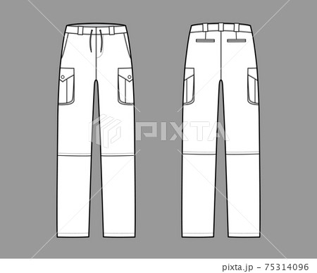 Zip-off convertible pants technical fashion illustration with low waist, high rise, box cargo jetted pockets, drawstring Zip-off convertible pants technical fashion illustration with low waist, high rise, box cargo jetted pockets, drawstring 75314096