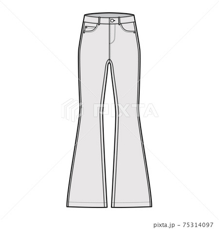 Jeans flared bottom Denim pants technical fashion illustration with full length, low waist, rise, 5 pockets, Rivets Flat 75314097