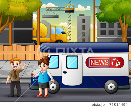 A reporter with microphone interviews a man 75314494