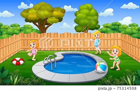 Happy girls playing in an outdoor swimming pool 75314508