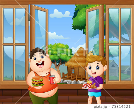 Happy boys holding foods and drink in the room Happy boys holding foods and drink in the room 75314521