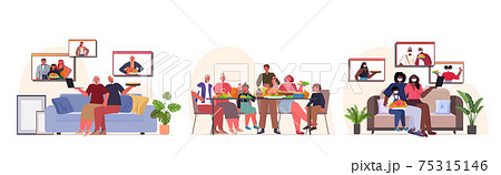 set mix race people celebrating happy thanksgiving day online communication self isolation coronavirus quarantine 75315146