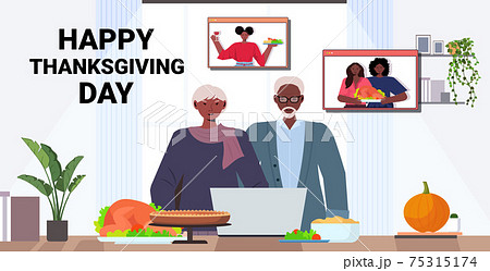 grandparents discussing with children during video call celebrating happy thanksgiving day online communication grandparents discussing with children during video call celebrating happy thanksgiving day online communication 75315174