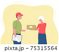 Shopping online. Free delivery. Parcel or box delivery concept. Young courier delivery man delivers the parcel or box to senior woman. Online order. Flat vector illustration. Delivery Giving Box. 75315564