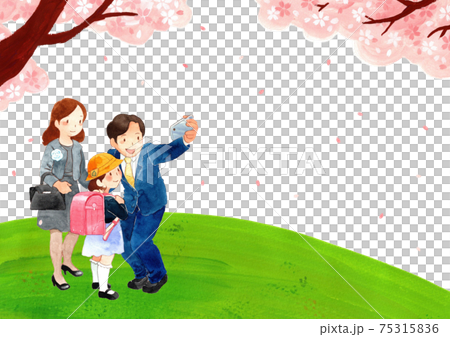 桜の木の下で写真を撮る新入学生の親子 横左構図 のイラスト素材