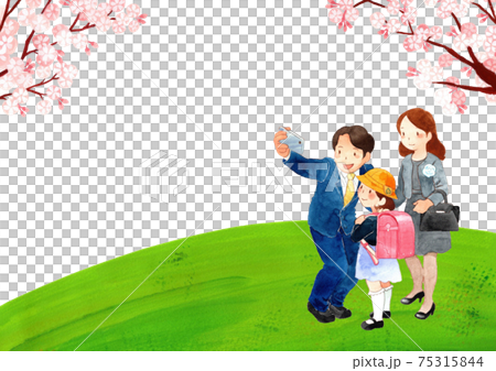 桜の木の下で写真を撮る新入学生の親子 横右構図 のイラスト素材