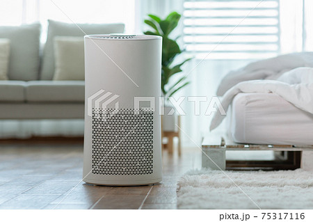 Air purifier in cozy white bed room for filter and cleaning removing dust PM2.5 HEPA in home,for fresh air and healthy life,Air Pollution Concept Air purifier in cozy white bed room for filter and cleaning removing dust PM2.5 HEPA in home,for fresh air and healthy life,Air Pollution Concept 75317116