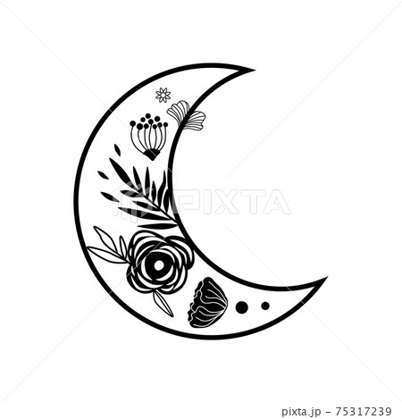 Flower moon logo. Beauty black moon tattoo. Celestial crescent isolated Hand drawing sky element 75317239
