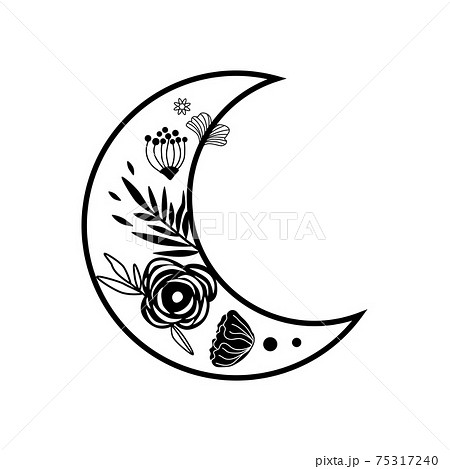 Flower moon logo. Beauty black moon tattoo. Celestial crescent isolated Hand drawing sky element Flower moon logo. Beauty black moon tattoo. Celestial crescent isolated Hand drawing sky element 75317240