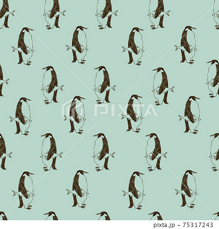 ペンギンと魚 シームレスなパターン テキスタイル 壁紙 包装紙のデザイン のイラスト素材