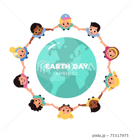 Kids earth world day. Children hold hands around globe, multicultural boys and girls closed circle, friends lead round dance ecology honor. Save our planet vector cartoon concept Kids earth world day. Children hold hands around globe, multicultural boys and girls closed circle, friends lead round dance ecology honor. Save our planet vector cartoon concept 75317975