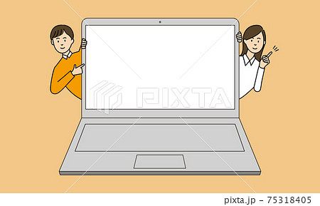 パソコンの画面をアピールする男女のイラストフレームのイラスト素材