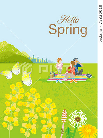 春の風景 ピクニックを楽しむ家族 文字付き Hello Spring 縦長 比率のイラスト素材