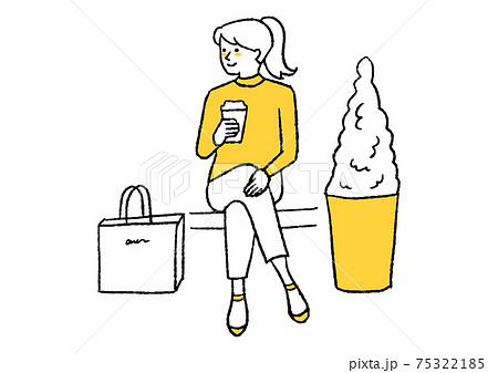 ベンチでコーヒーを飲む女性 75322185