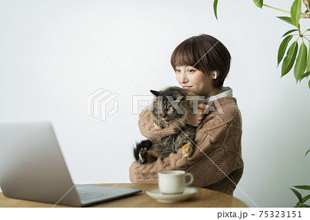 猫に作業を邪魔される女性 75323151
