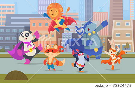 City superhero animals. Urban landscape with skylines buildings strong defenders animals exact vector superheroes cats dogs puppy in masks 75324472