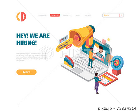 We are hiring landing. Business employers person use loudspeaker recruitment concept hiring good team or worker specialist resume garish vector web page template 75324514