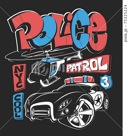 Police patrol car with helicopter, vector shirt print illustration 75325224